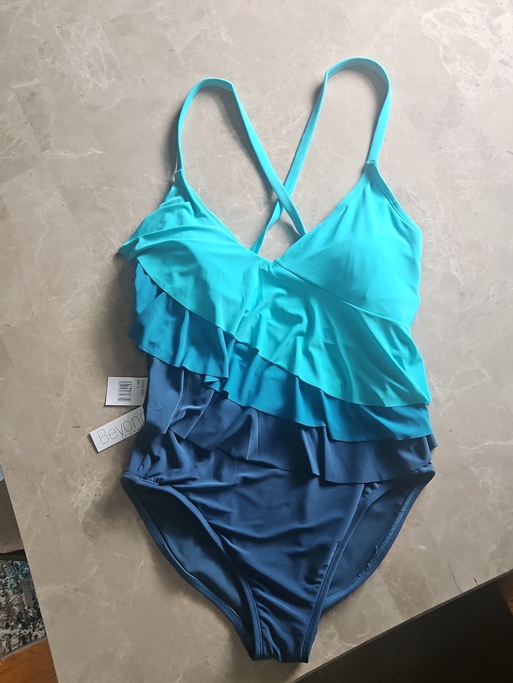 Beyond Control Turquoise and Navy Ruffled One-Piece Swimsuit Size 10